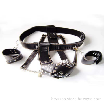BDSM Leather Bondage Restraint Harness With Vibrator Anal Plug Panties Butt Plug and thigh cuff ,Male Chastity Device Underwear